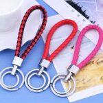 PU Leather Braided Woven Strap Keychain Stainless Keyring