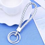 PU Leather Braided Woven Strap Keychain Stainless Keyring - Image 4