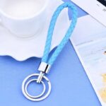 PU Leather Braided Woven Strap Keychain Stainless Keyring - Image 3
